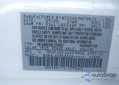 2020 Nissan Sentra Sv Xtronic Cvt из США, поврежденный, VIN 3N1AB8CV9LY299621